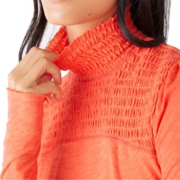 WE THE FREE Free People Caroline Mock Neck LS Smocked Top Orange Flame Large - Picture 3 of 13